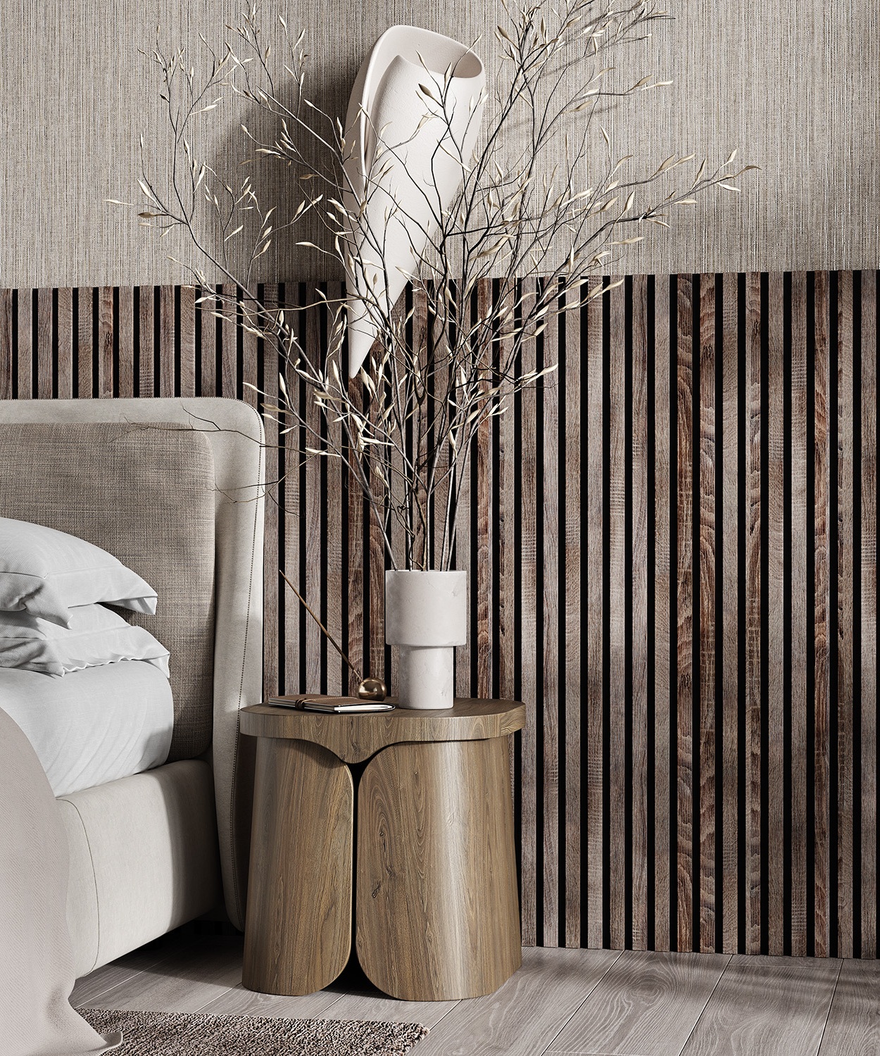 МДФ стеновая панель акустическая Cosca Decor Сканди Дуб Дымчатый черный войлок 1200×600×19 фото в интерьере